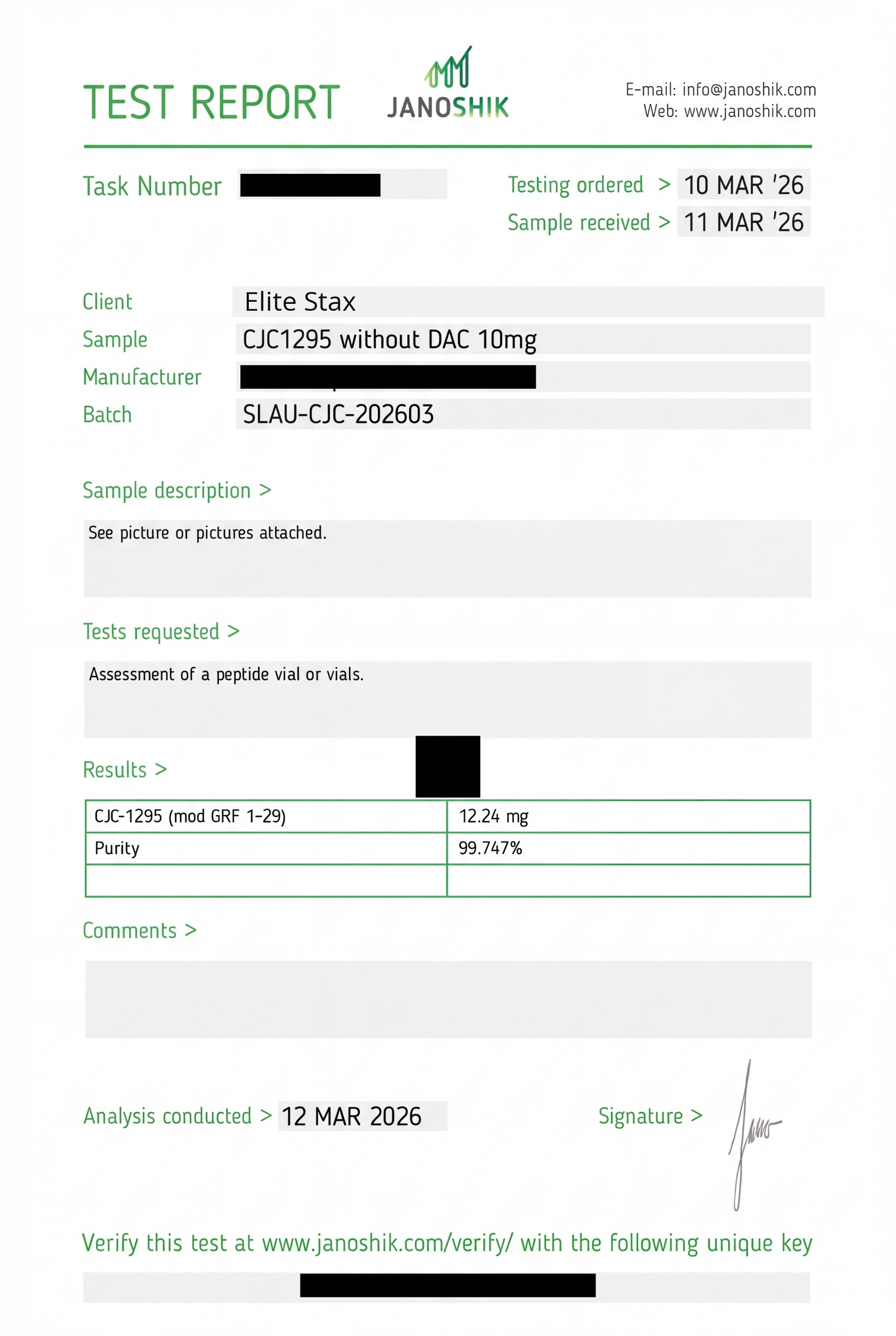 COA for CJC-1295 (No DAC) batch SLAU-CJC-202603