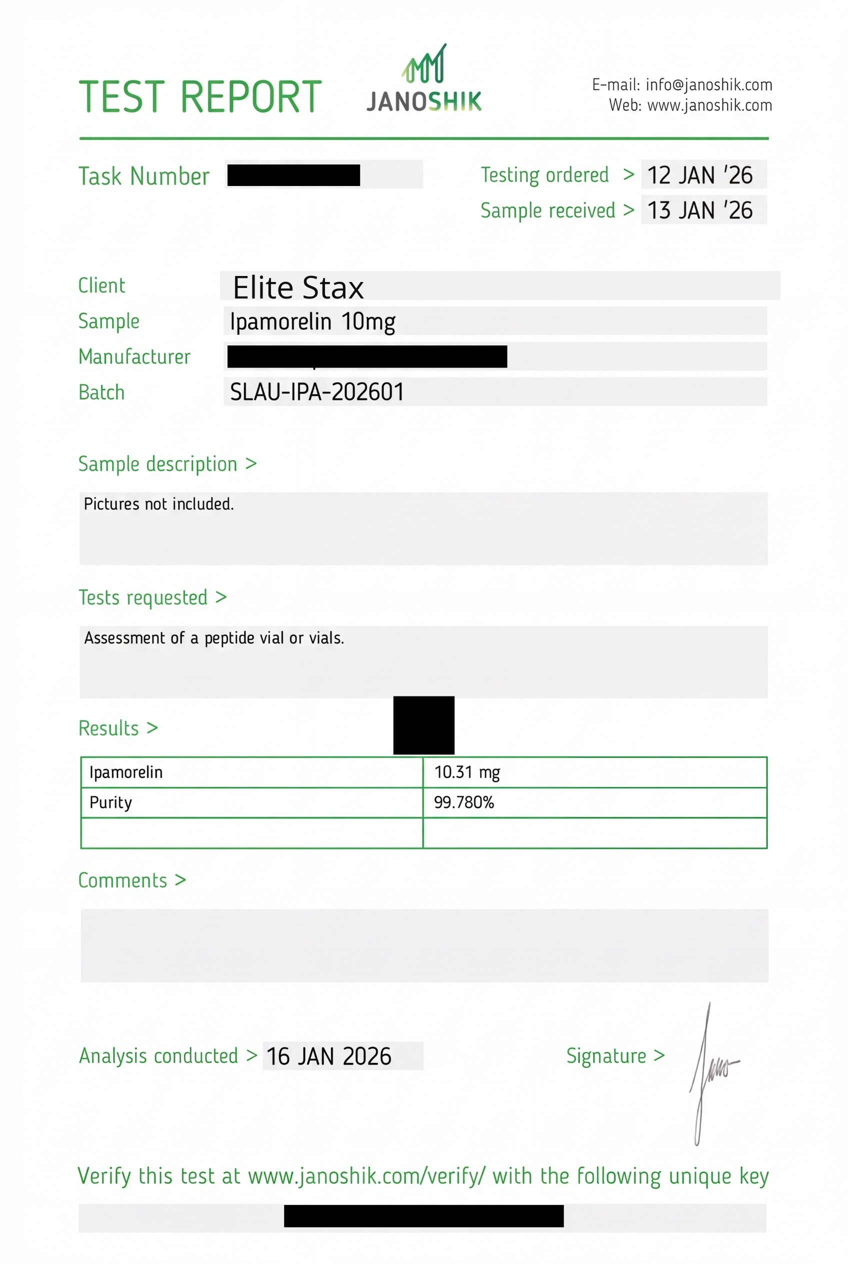 COA for Ipamorelin batch SLAU-IPA-202601