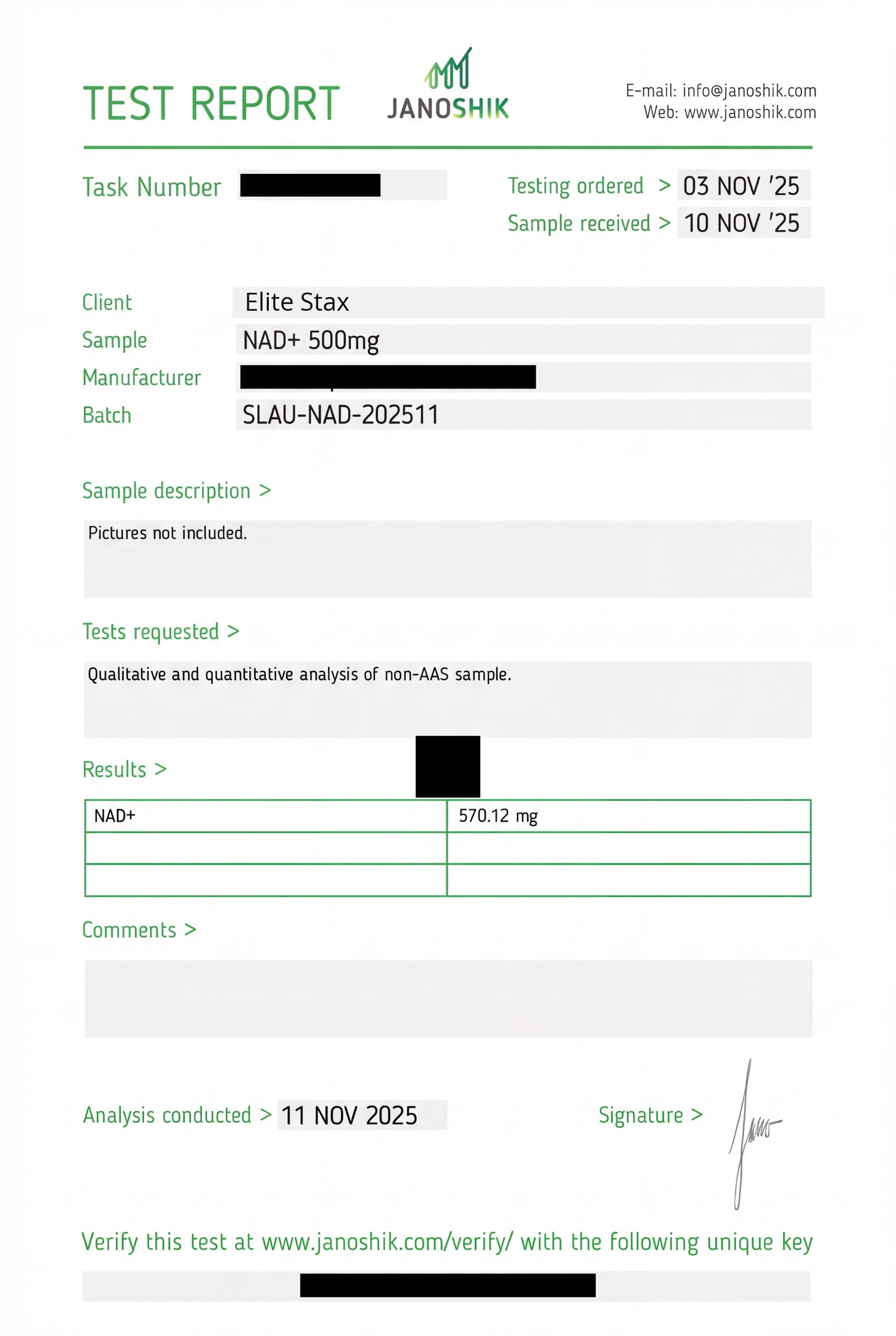 COA for NAD+ (Nicotinamide Adenine Dinucleotide) batch SLAU-NAD-202511
