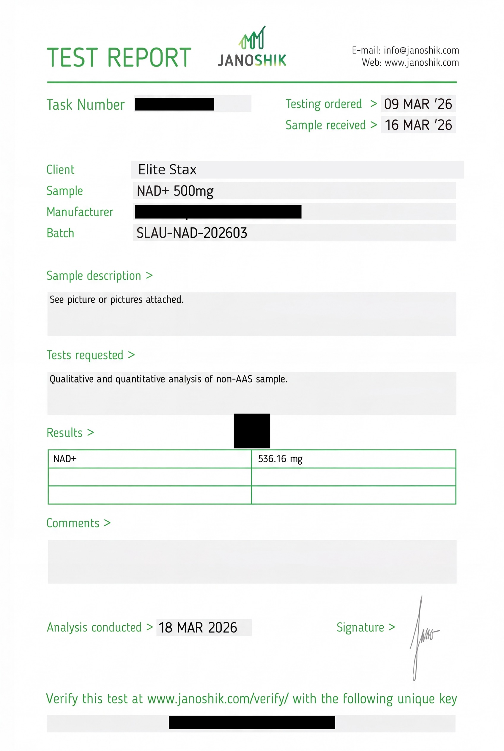 COA for NAD+ (Nicotinamide Adenine Dinucleotide) batch SLAU-NAD-202603