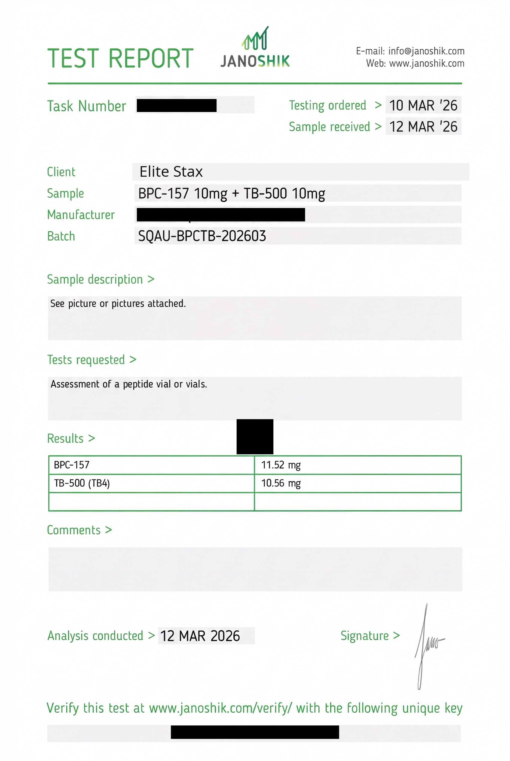 COA for BPC-157 + TB-500 batch SQAU-BPCTB-202603