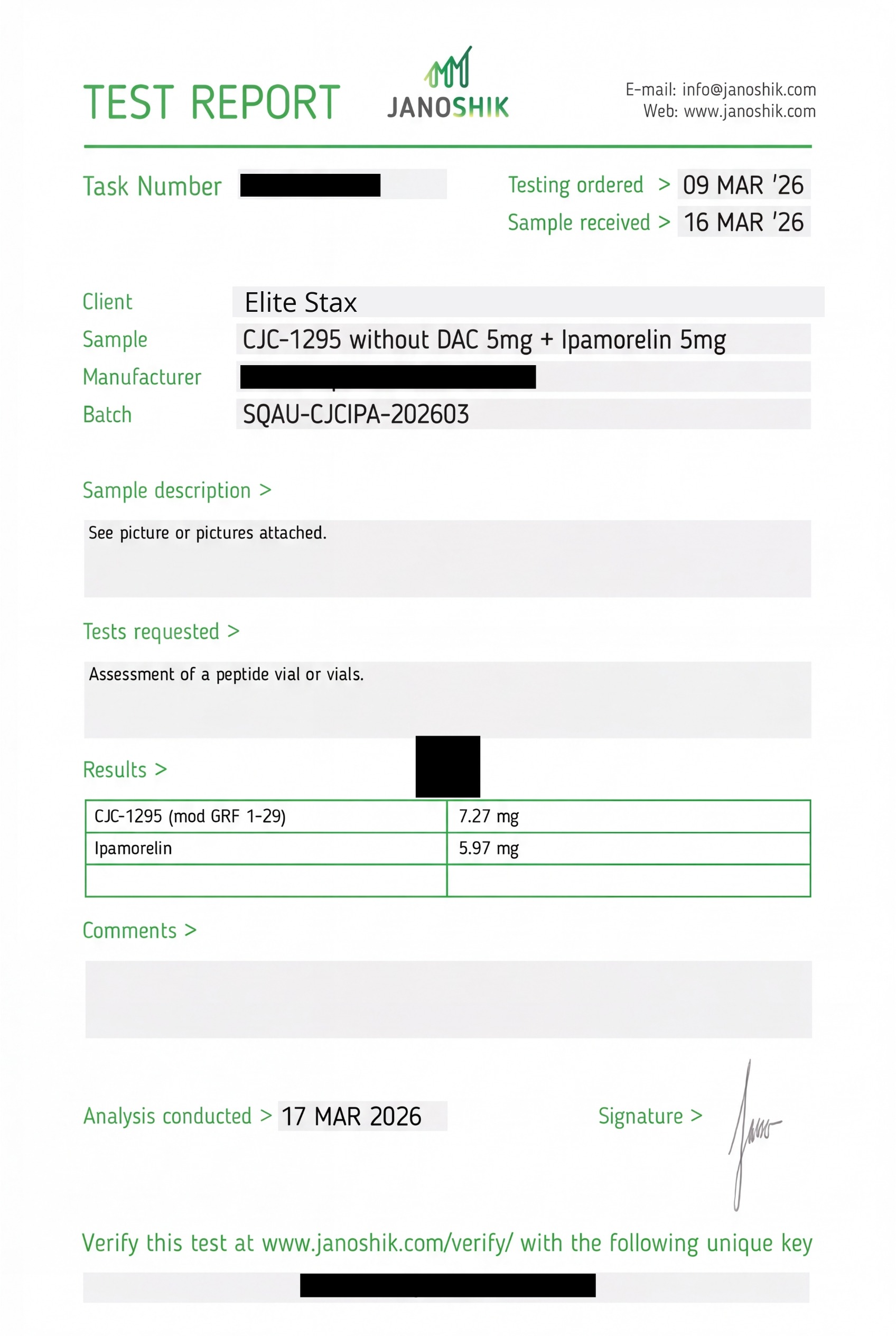 COA for CJC-1295 (No DAC) + Ipamorelin batch SQAU-CJCIPA-202603