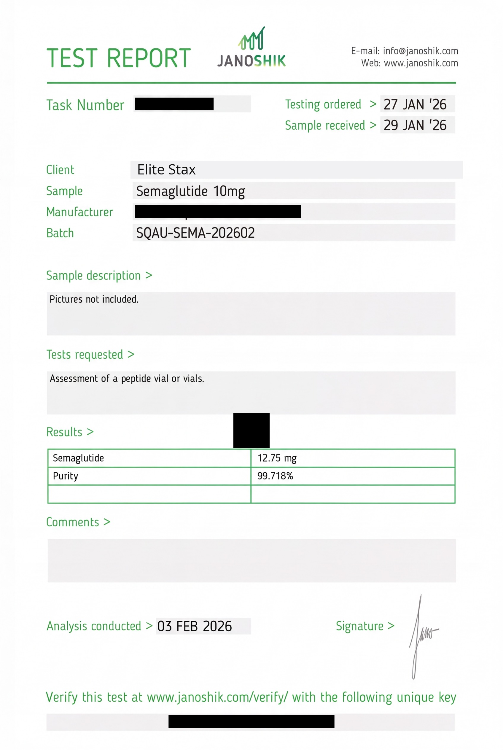 COA for Semaglutide batch SQAU-SEMA-202602