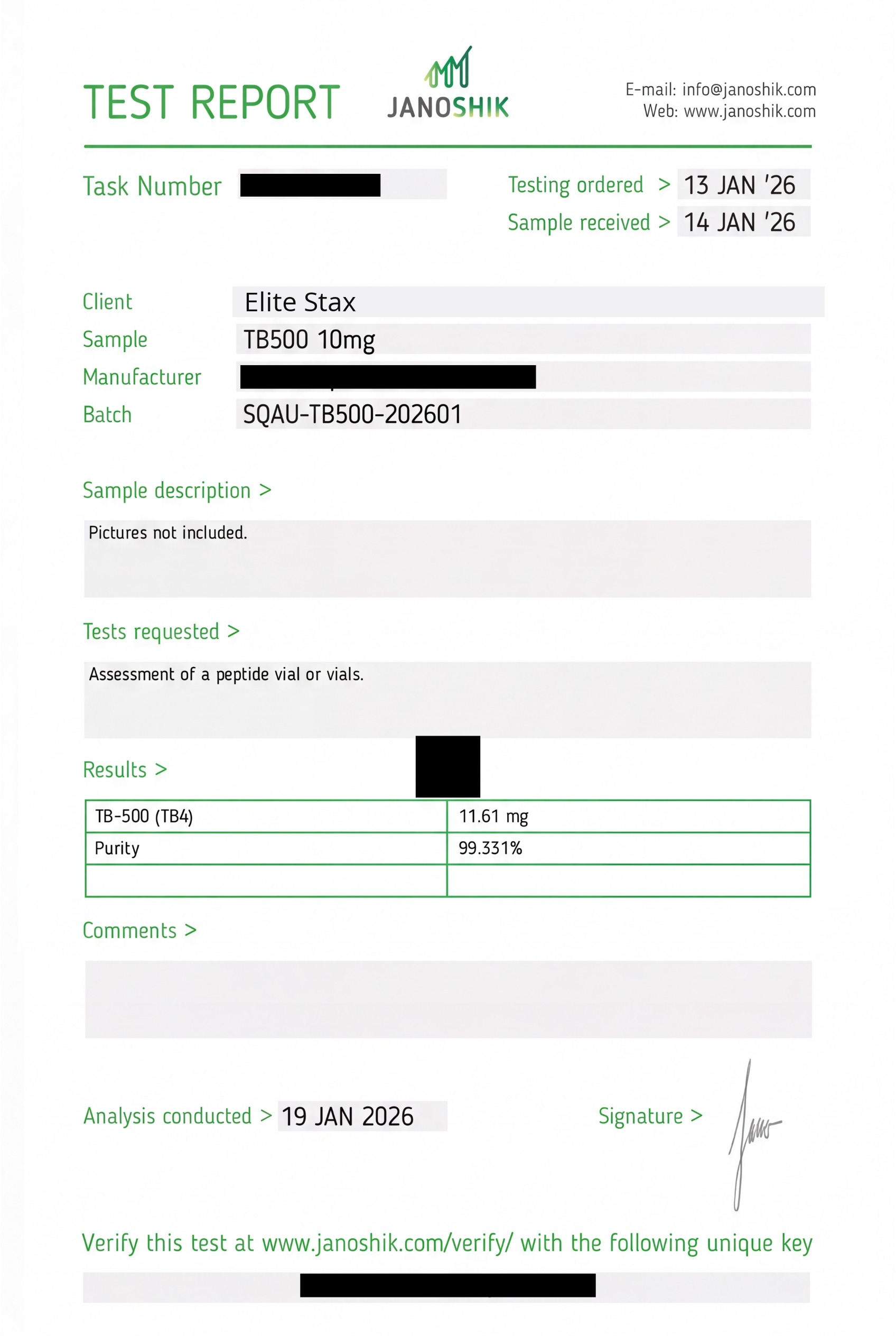 COA for TB-500 batch SQAU-TB500-202601