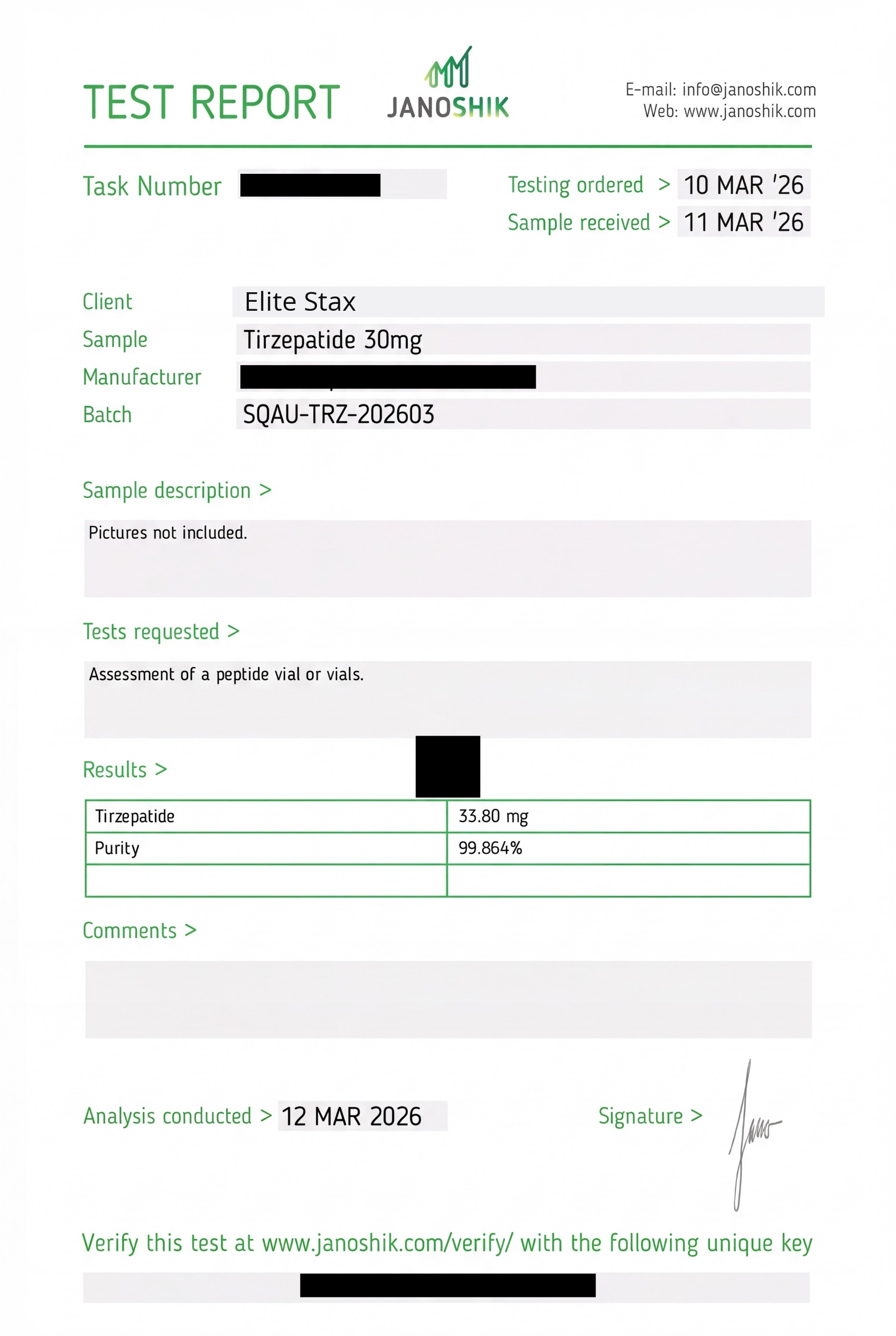 COA for Tirzepatide batch SQAU-TRZ-202603
