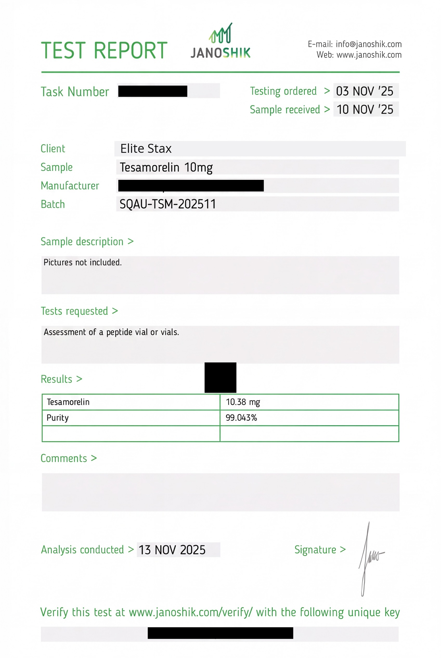COA for Tesamorelin batch SQAU-TSM-202511
